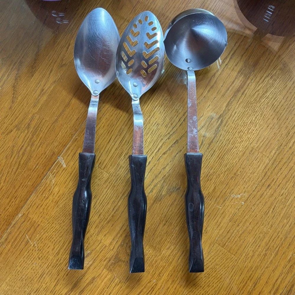 Cutco Vintage 3 Piece Utensil Set Basting Slotted Spoon Ladle 1712 Brown Handle